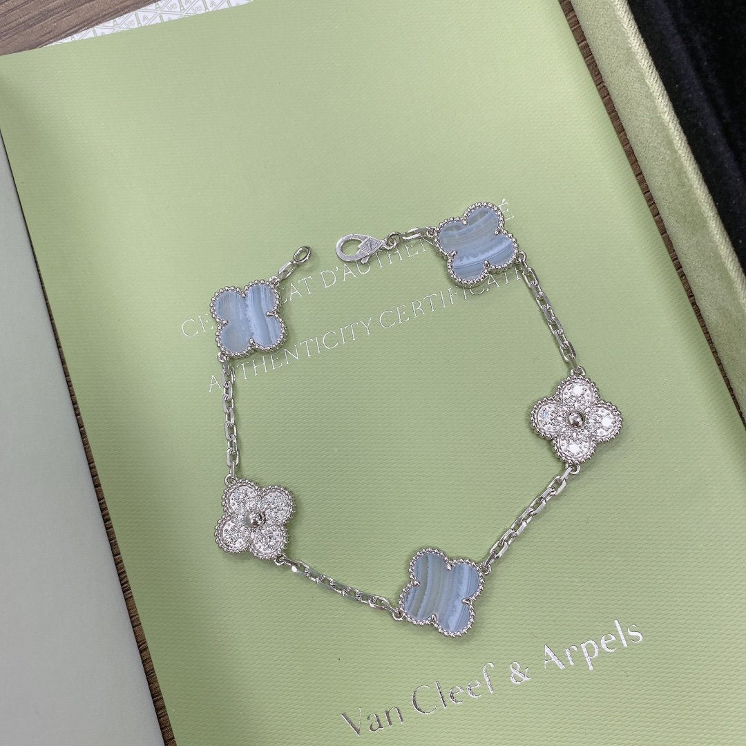[Vicky]CLOVER  5 MOTIF DIAMOND PURPLE CHALCEDONY BRACELET SILVER