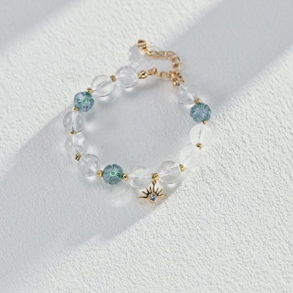 S925 Gold-Tone Clear Quartz & Glass Flower Bracelet with Sun Charm