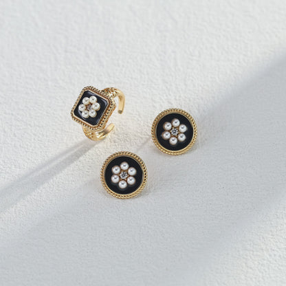 S925 Gold-Tone Square Black Onyx Ring with Pearl-Flower Center