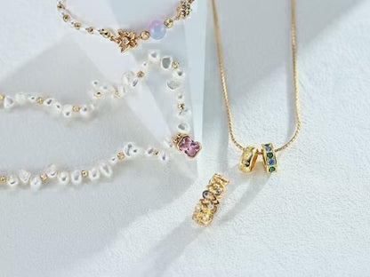 S925 Gold-Tone Tiny Pearl Bracelet with Pink Crystal & Butterfly Charm