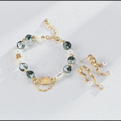 S925 Gold-Tone Green Phantom Quartz & Baroque Pearl Bracelet with Lock Charm