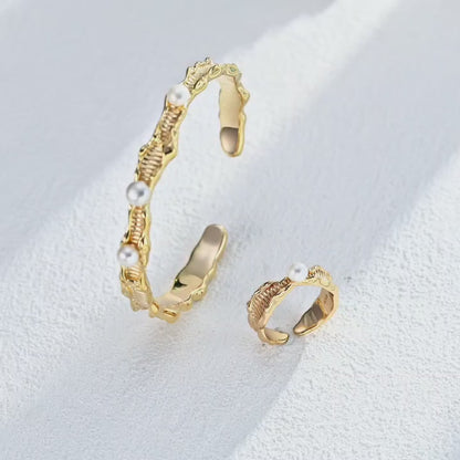 S925 Gold-Tone Molten-Texture Open Cuff Bracelet with Pearl Details