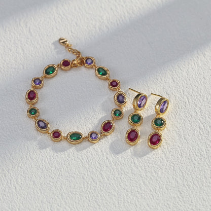 S925 Gold-Tone Multicolor Gemstone Bezel Bracelet – Ruby, Emerald & Amethyst Tone