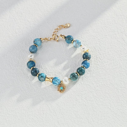 S925 Gold-Tone Blue Apatite Beaded Bracelet with Sunflower Turquoise Charm