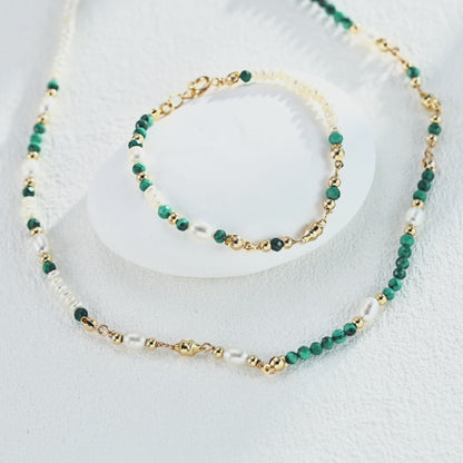 S925 Gold-Tone Malachite & Tiny Pearl Bracelet