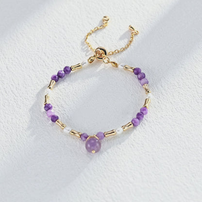 S925 Gold-Tone Faceted Purple Lepidolite Bracelet with Amethyst Drop