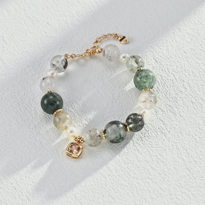 S925 Gold-Tone Green Phantom Quartz & Pearl Bracelet with Square CZ Charm