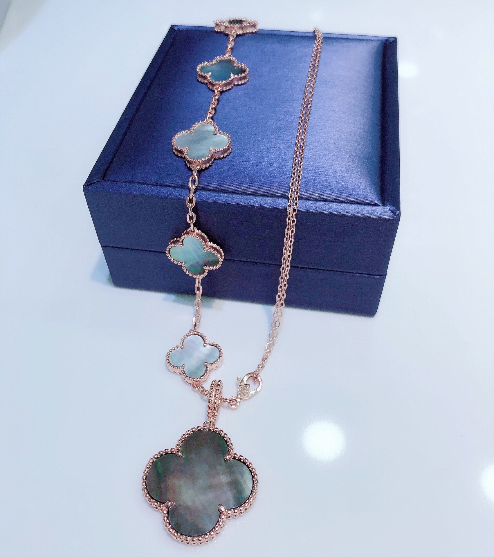 [Vicky]COMBINED BRACELET 5 MOTIFS AND NECKLACE DARK MOP ROSE GOLD